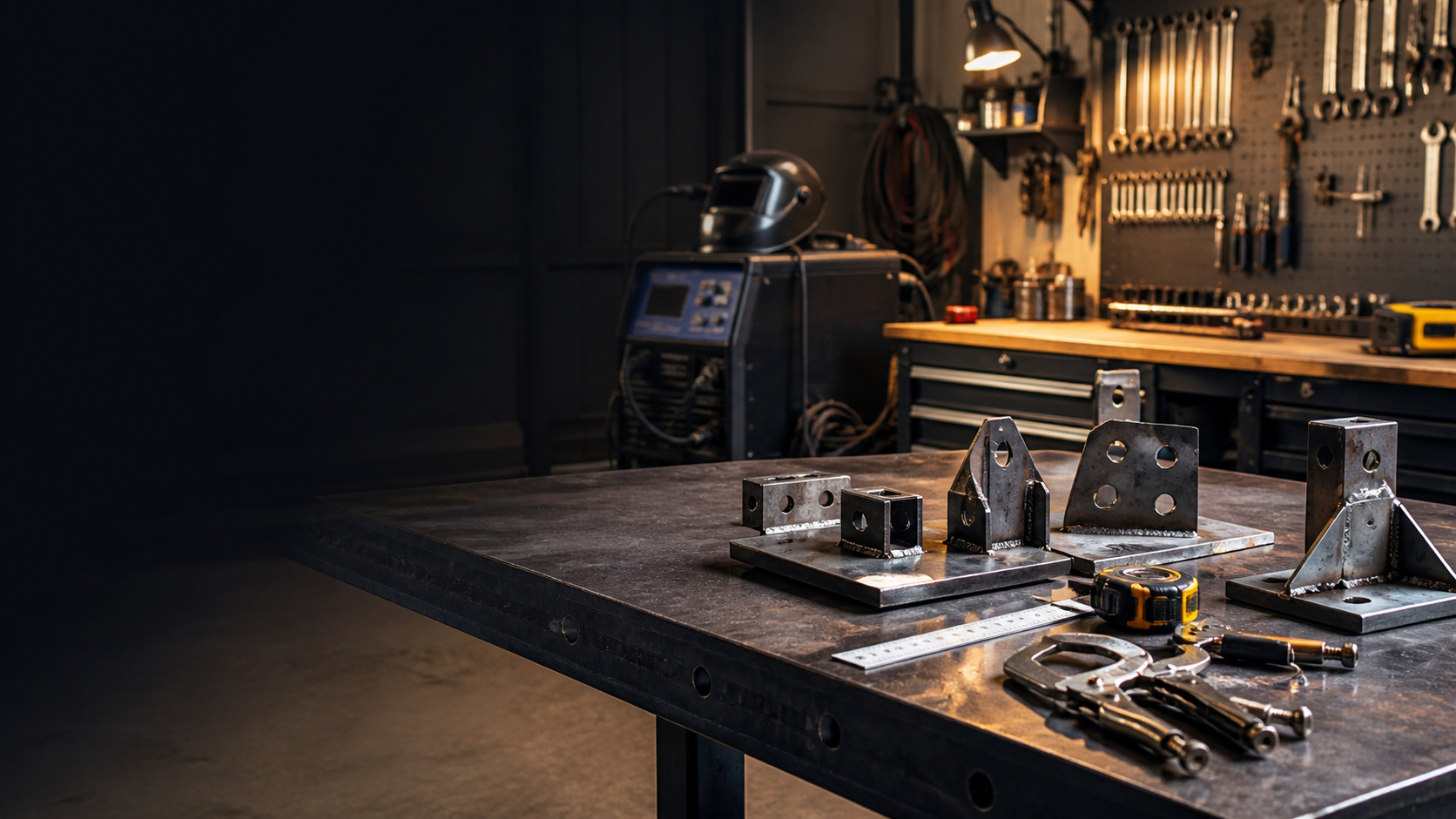 Clean metal fabrication workbench with steel brackets and shop tools